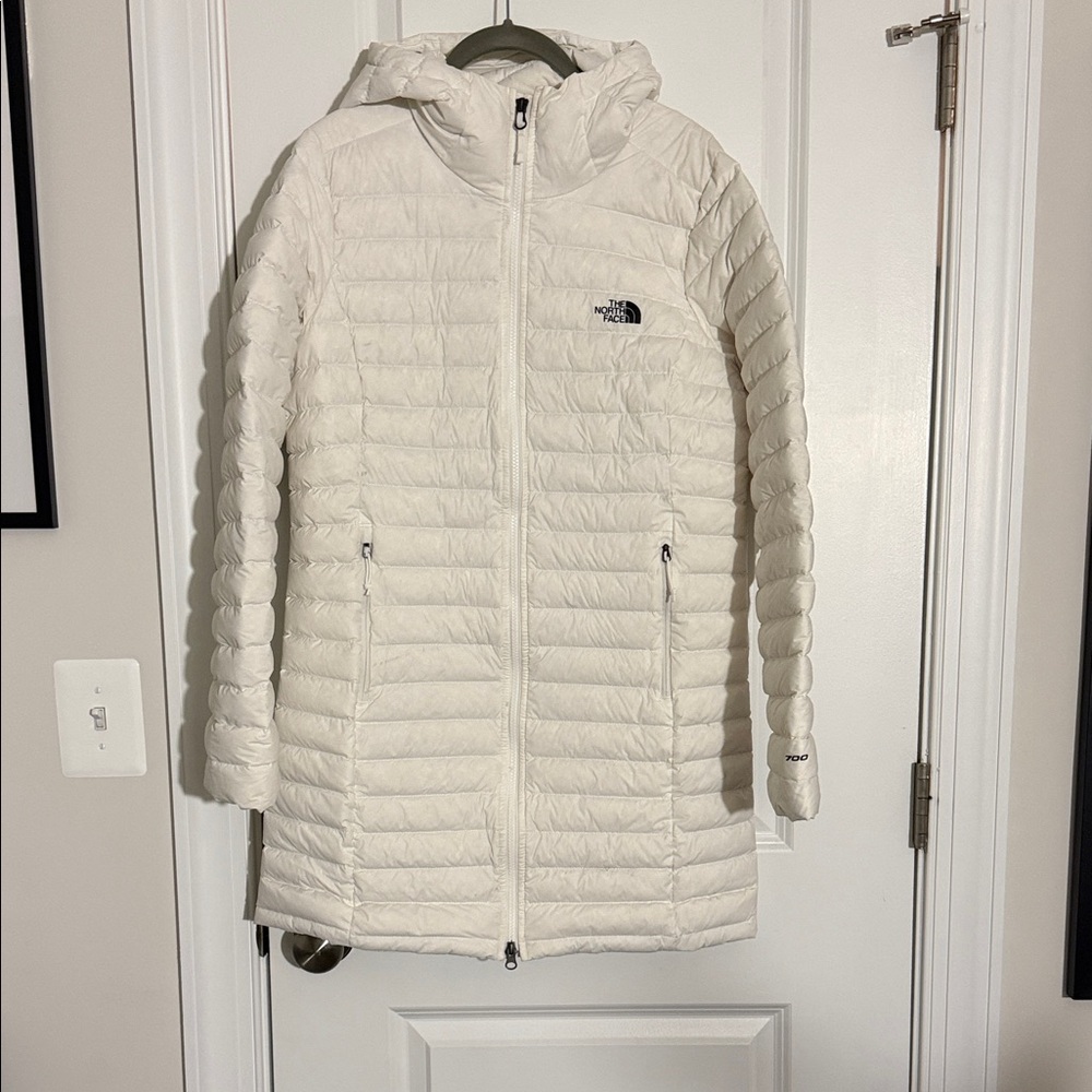 The North Face Hooded Long Puffer Coat in Cream